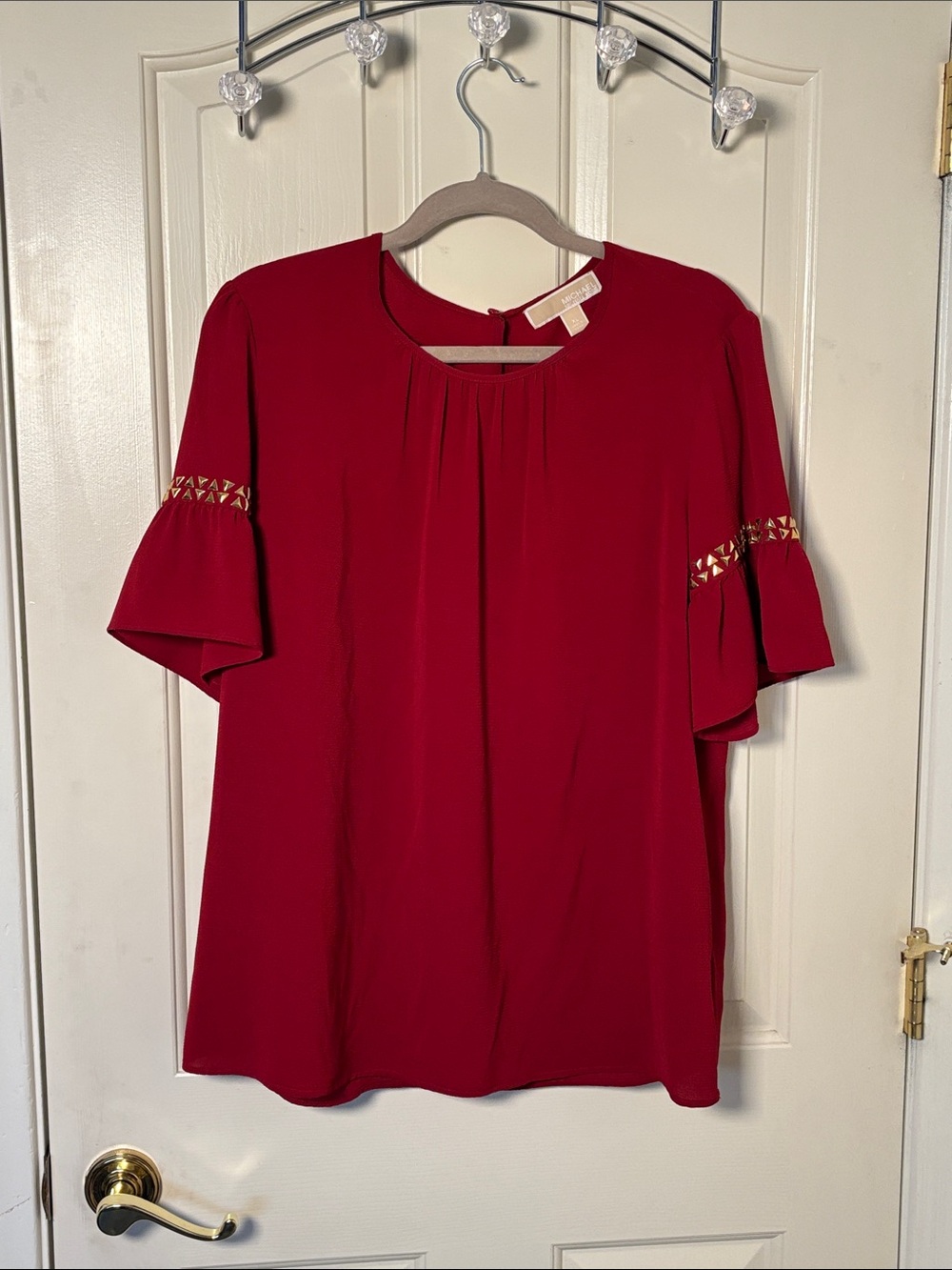Micharl Kors burgundy Embellished Flutter Sleeve Top with gold studs